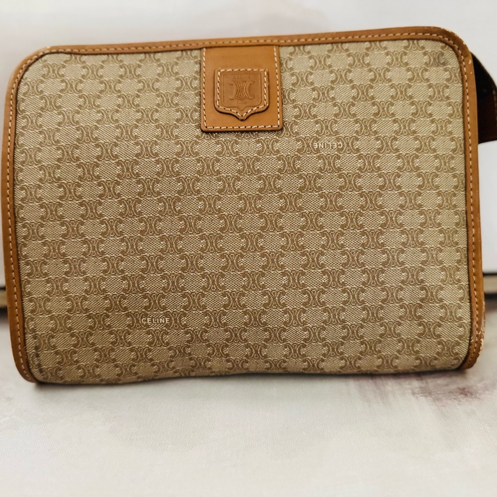 Celine Triomphe Portfolio Clutch Bag, Neutrals Beige PVC with Leather Trim, Logo